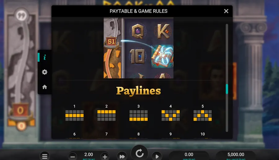 Book of 99 paytable screen showing the ten paylines