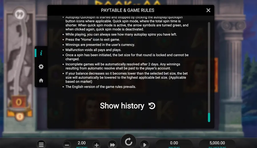 Book of 99 rules screen with the general playing conditions