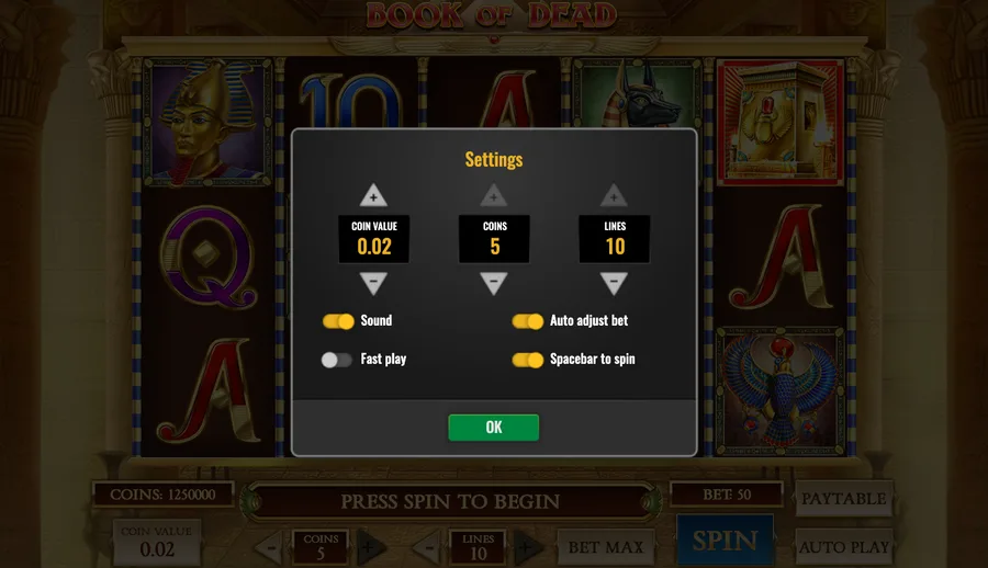 Book of Dead settings panel with the coin value