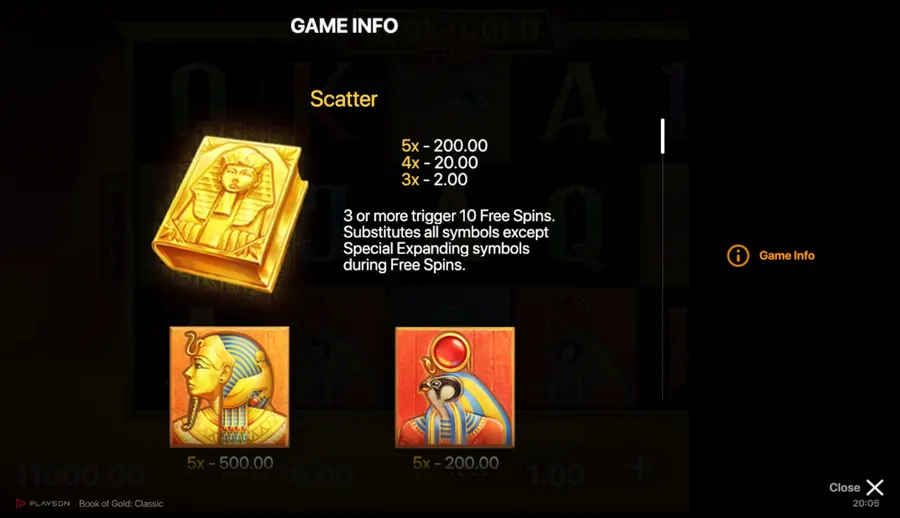 Book of Gold Classic paytable: scatter pays and the ten free spins trigger Book of Gold Classic paytable