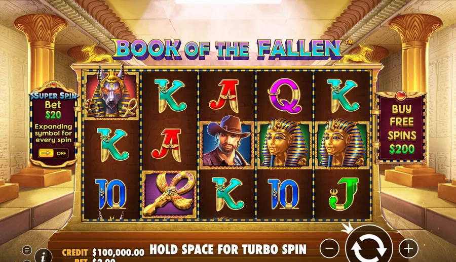 Book of the Fallen slot showing the Super Spin ante panel