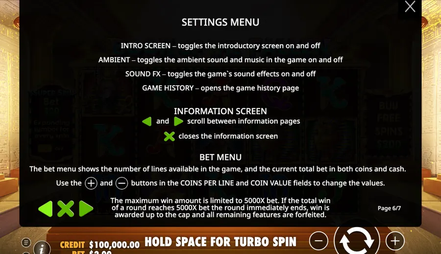 Book of the Fallen rules page stating the 5000x win cap