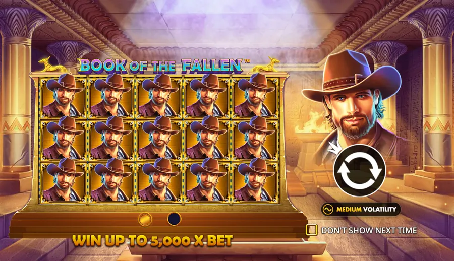 Book of the Fallen intro screen stating win up to 5000x bet and medium volatility