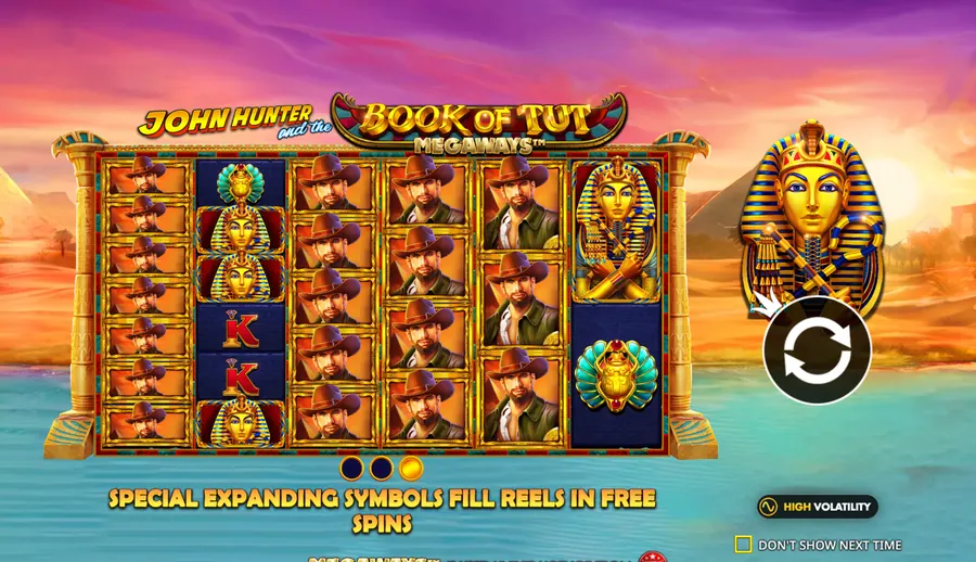 Book of Tut Megaways intro screen stating high volatility